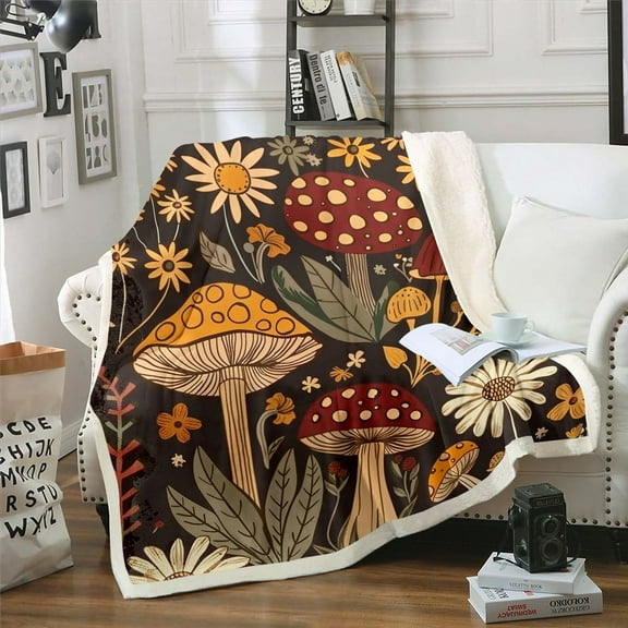 Groovy Flowers Sherpa Blanket Queen Size, 70S Retro Floral Throw Blanket 80S 90S Hippie Flower Fleece Blanket Vintage Boho Psychedelic Mushrooms Fuzzy Blanket Decorative Sofa Couch