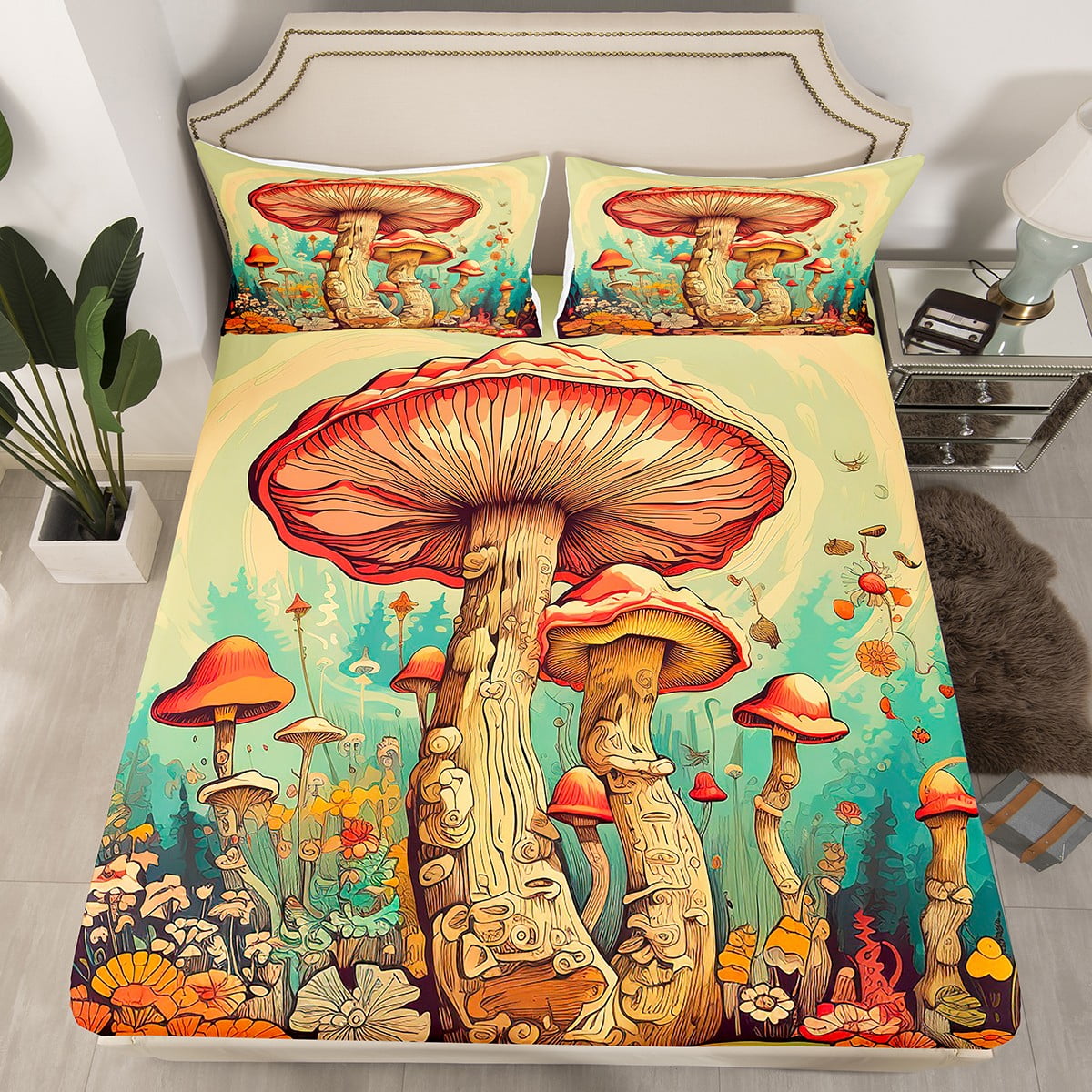 YST Groovy Mushroom Fitted Sheet for Kids Boys Girls,Funky 60s 70s