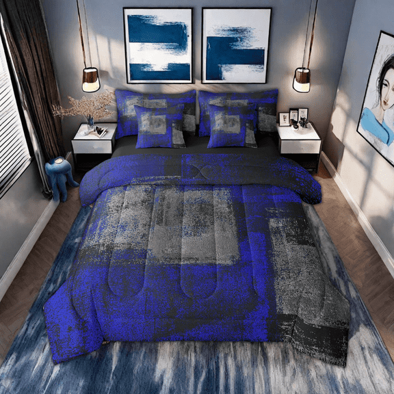 Grunge Abstract Bedding Set Teen Dark Blue Black Grey Twin Comforter Set 7 Pcs Oil Painting Graffiti Bed In A Bag Tie Dye Ombre Graffiti Bed Set Reversible Black