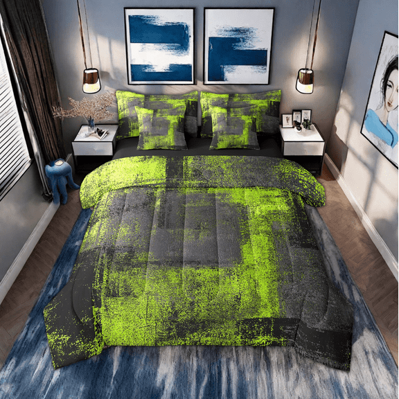 Grunge Lime Green Bedding Sets Black Grey Ombre Abstract King Comforter Set With Sheets 7 Piece Hippie Graffiti Tie Dye Bed In A Bag,Modern Oil Painting Geometric Bedding Comforter Sets