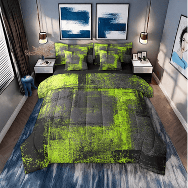 Grunge Lime Green Bedding Sets Black Grey Ombre Abstract Twin Comforter Set With Sheets 7 Piece Hippie Graffiti Tie Dye Bed In A Bag,Modern Oil Painting Geometric Bedding Comforter Sets