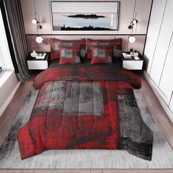 Erosebridal Grunge Ombre Comforter Red Black Grey Comforter Set Geometric Abstract Bedding Set 7 Piece Bed In A Bag Full Size For Teen Modern Oil Painting Bed Set With Sheets,Pillow Covers