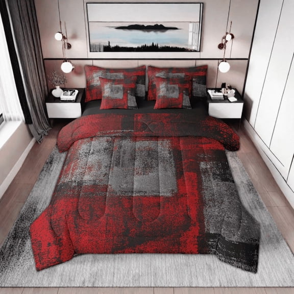 Erosebridal Grunge Ombre Comforter Red Black Grey Comforter Set Geometric Abstract Bedding Set 7 Piece Bed In A Bag King Size For Teen Modern Oil Painting Bed Set With Sheets,Pillow Covers