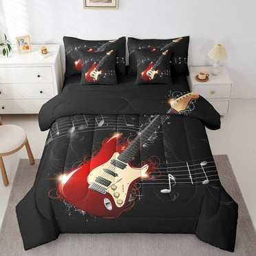Erosebridal Guitar Comforter Set - 7 Pieces Musical Note Bedding Sets Full Bed In A Bag With Reversible Hip Hop Music Comforter, Soft Microfiber Sheets, Pillowcases & Throw Pillow Covers, Black