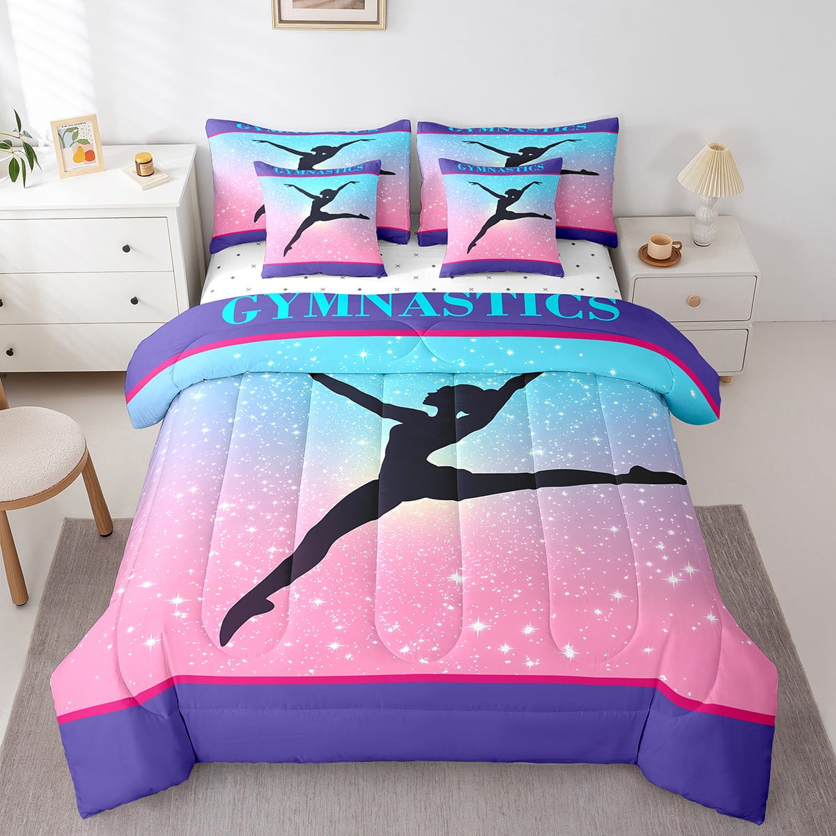 YST Gymnastics 7 Pcs Comforter Set Twin Bed in a Bag,Mint Green Pink ...