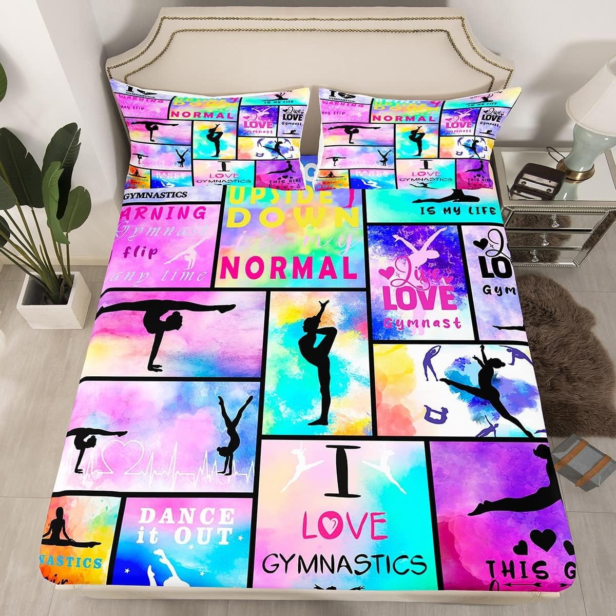 YST Gymnastics Bedding Set for Girls Women, Rainbow Tie Dye Bed Sheets Twin Size Gymnast Dancers ...