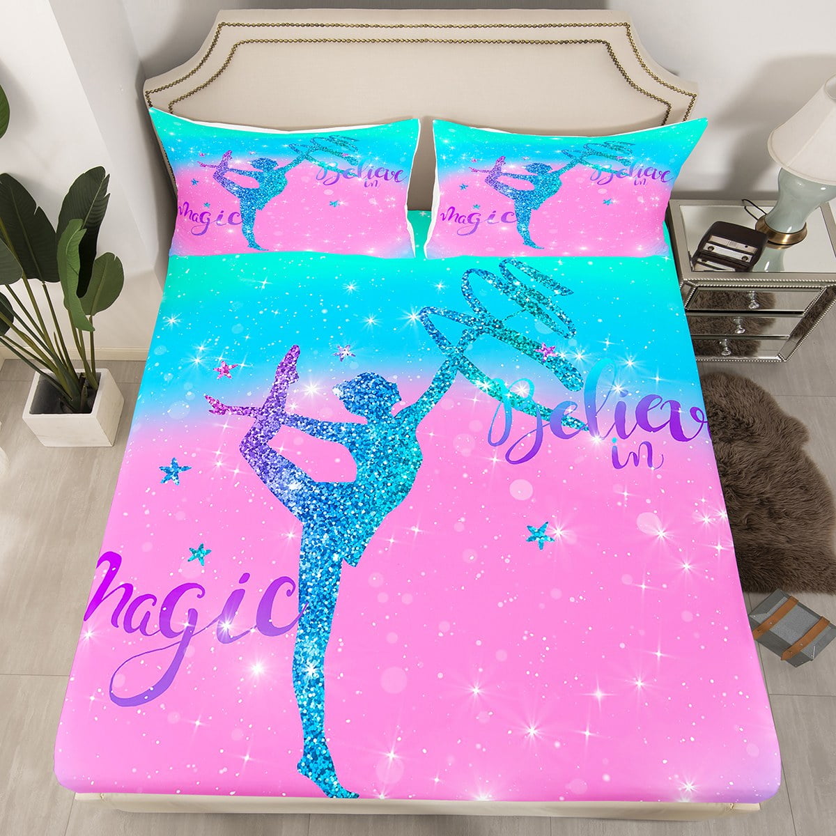 YST Gymnastics Twin Fitted Sheet Kids Rainbow Sheets, Chic Gymnast Girl Bed Sheets Purple Galaxy ...