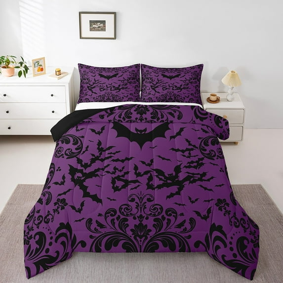 Halloween Bat Full Bedding Sets Women,Purple Black Bats Bedding Comforter Sets Gothic Damask Flowers Comforter Set Goth Floral Animal Bed Duvet Set Halloween Room Decor 3 Pcs