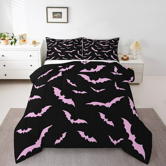 YST Halloween Bedding Set Full Size For Kids Boys Youth Pink Bats Comforter Set Happy Holiday Gothic Quilt With 2 Pillow Cases Spooky Animal Bedding Comforter Sets
