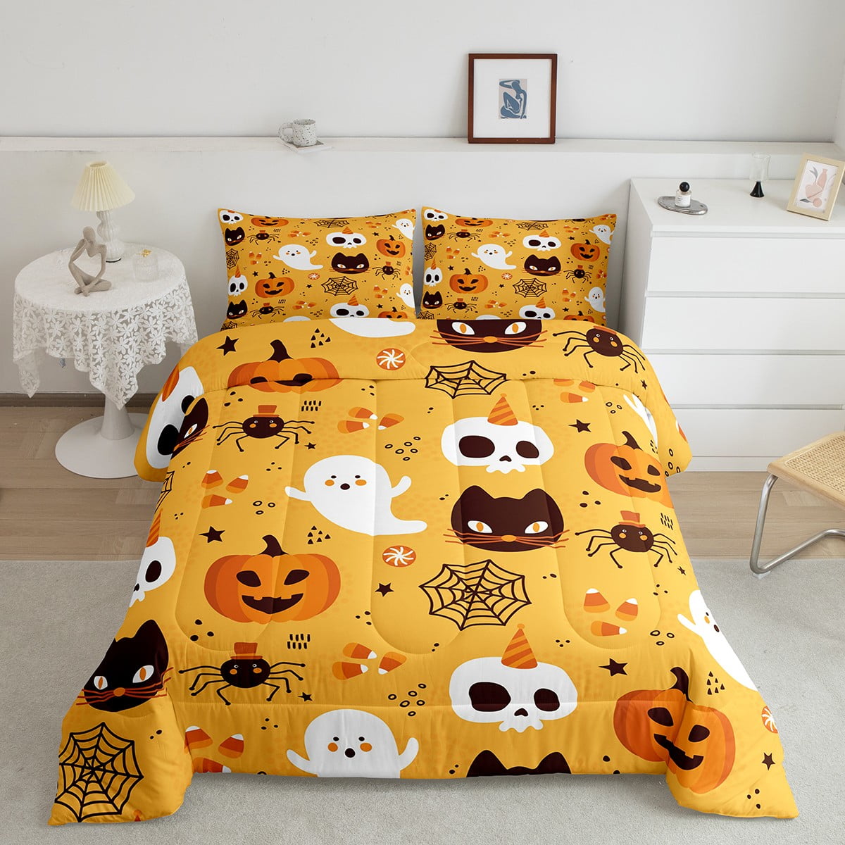 YST Halloween Full Comforter Set, Orange Pumpkin Bedding Set Spooky ...