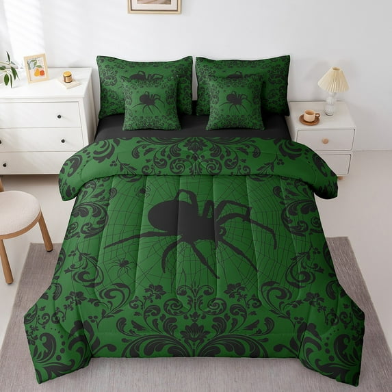 Halloween Gothic Bedding Sets Queen Retro Green Black Damask Spider Comforter Set 7 Piece Adults,Baroque Floral Goth Bed In A Bag With Sheets Hippie Halloween Animal Bed Set