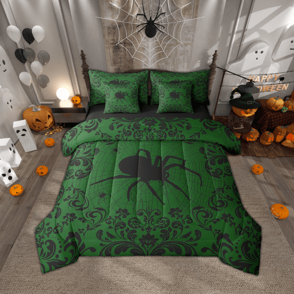 Halloween Gothic Bedding Sets Twin Retro Green Black Damask Spider Comforter Set 7 Piece Adults,Baroque Floral Goth Bed In A Bag With Sheets Hippie Halloween Animal Bed Set