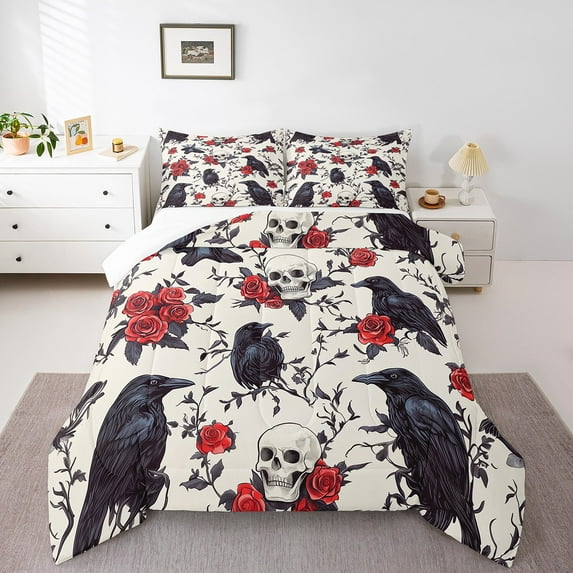 Halloween Raven Comforter Set Queen Size, Sugar Skull Bedding Set Teens Adult Men Bedroom Decor, Crow Animals Quilt Gothic Spooky Bedding Comforter Sets With 2 Pillow Cases