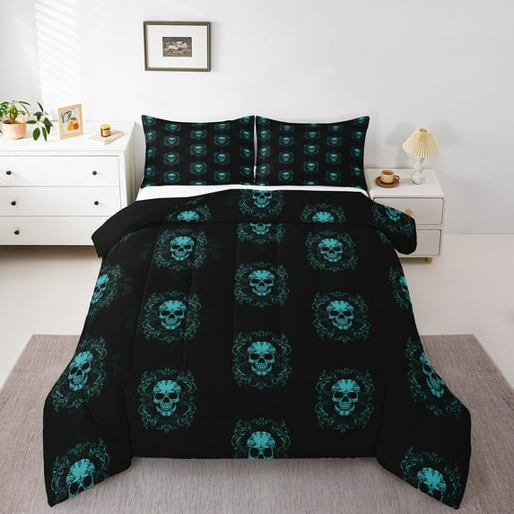 Halloween Skull Comforter Set Full Size,Teal Black Damask Quilt Skeleton Bones Bedding Set Teens Adult Bedroom,Gothic Spooky Bohemian Exotic Duvet Insert,2 Pillow Cases