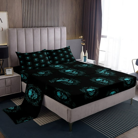 YST Halloween Skull Sheet Set King Size, Teal Black Damask Sheets Skeleton Bones Bed Sheets Set For Kids Teens Adult Bedroom,Gothic Spooky Bohemian Exotic Bedding Set, 2 Pillow Cases