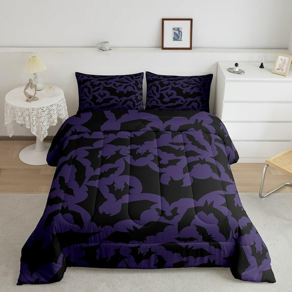 Halloween Themed Bedding Comforters,Black Bats Animal Print Comforter SetDark Purple Color Adult Duvet Set,Soft