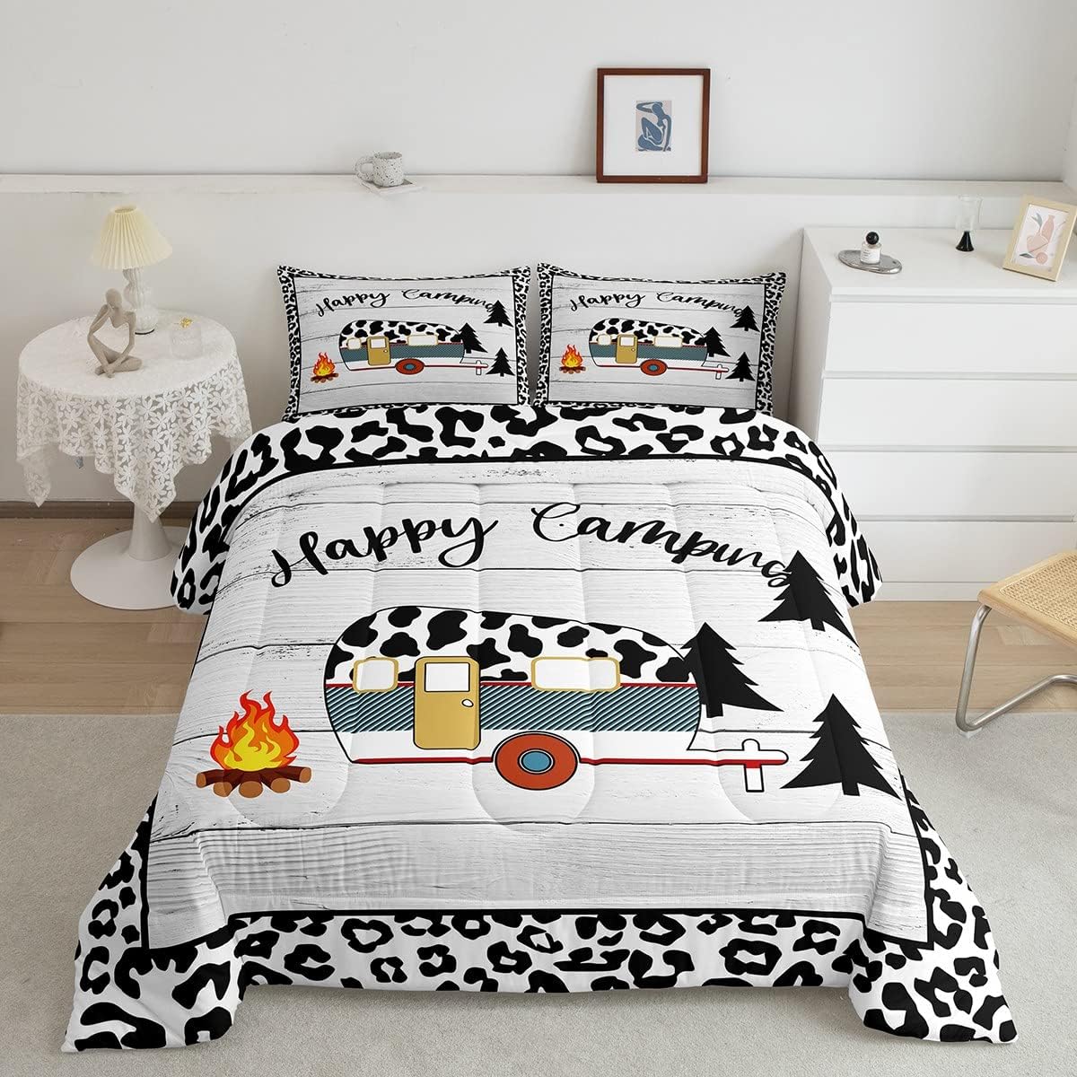YST Happy Camping Bedding Set Black and White Cow Print Comforter Set