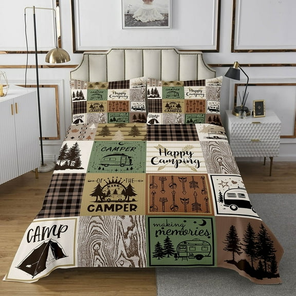 Happy Camping Bedspread Set Rustic Cabin Camper Queen Quilt Sets Rv Car Accessories For Travel Trailers,Buffalo Plaid Arrow Pine Trees Coverlet Set Travel Adventure Bedding Set