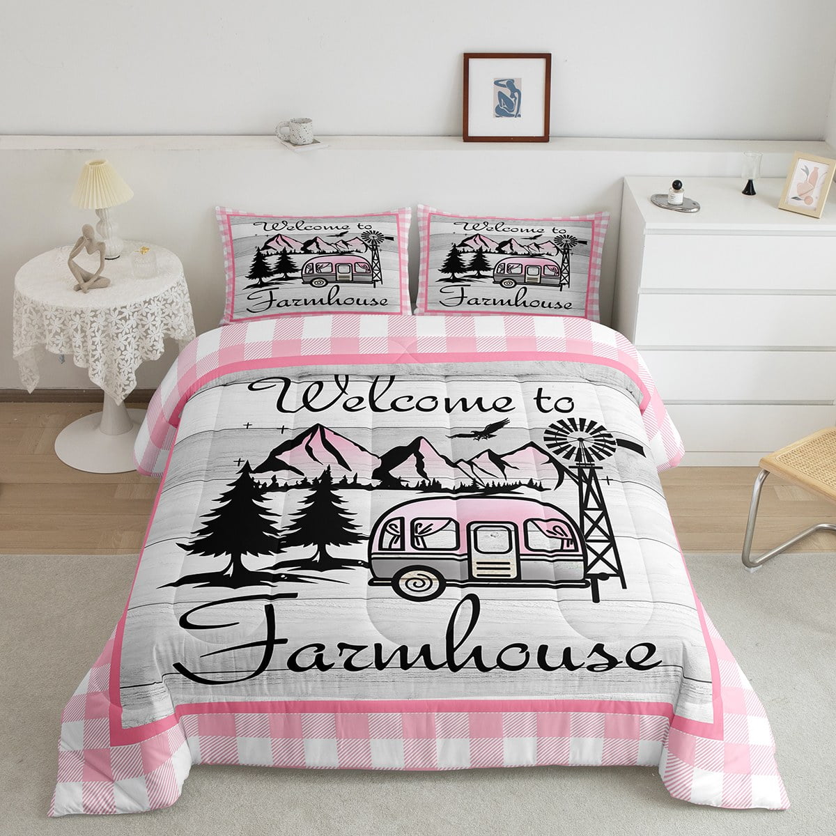 YST Happy Camping Camper Bedding Set Queen for Girls Pink Plaid Buffalo