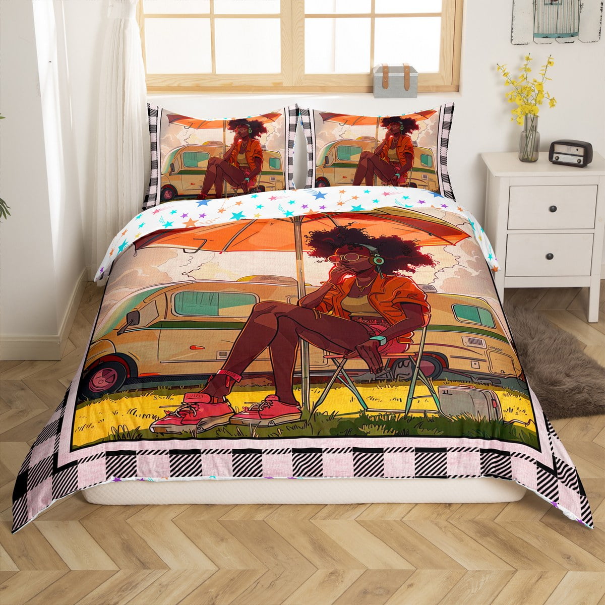 YST Happy Camping Comforter Cover King Black Women Girl Camping Car