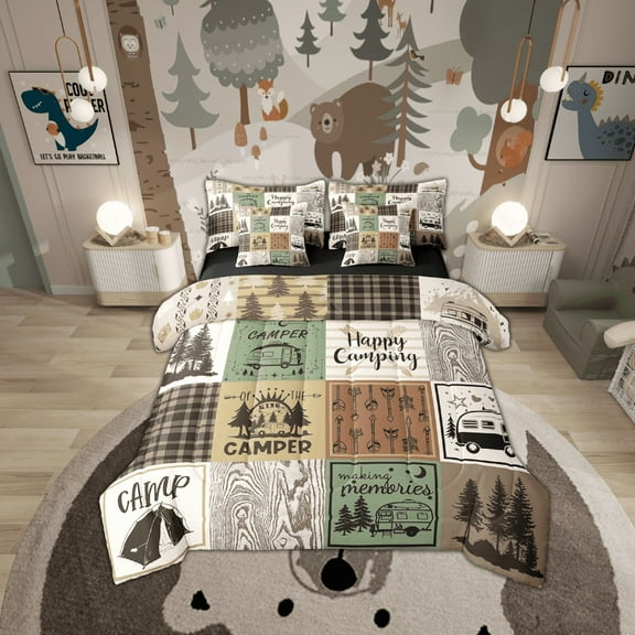 Happy Camping Comforter Set 7 Piece Rustic Cabin Camper King Bed In A Bag Rv Car Accessories For Travel Trailers Buffalo Plaid Arrow Pine Trees Bedding Set Travel Adventure Bed Set