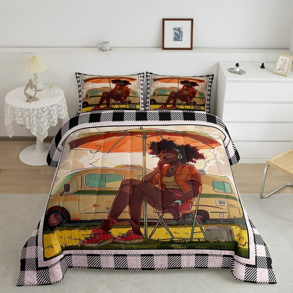 Erosebridal Happy Camping Comforter Set Full Black Women Camping Car Bedding Set Black And Pink Buffalo Plaid Bed Comforter Sets Camping Decor For Camper Rv Bunk Quilt 3 Pcs