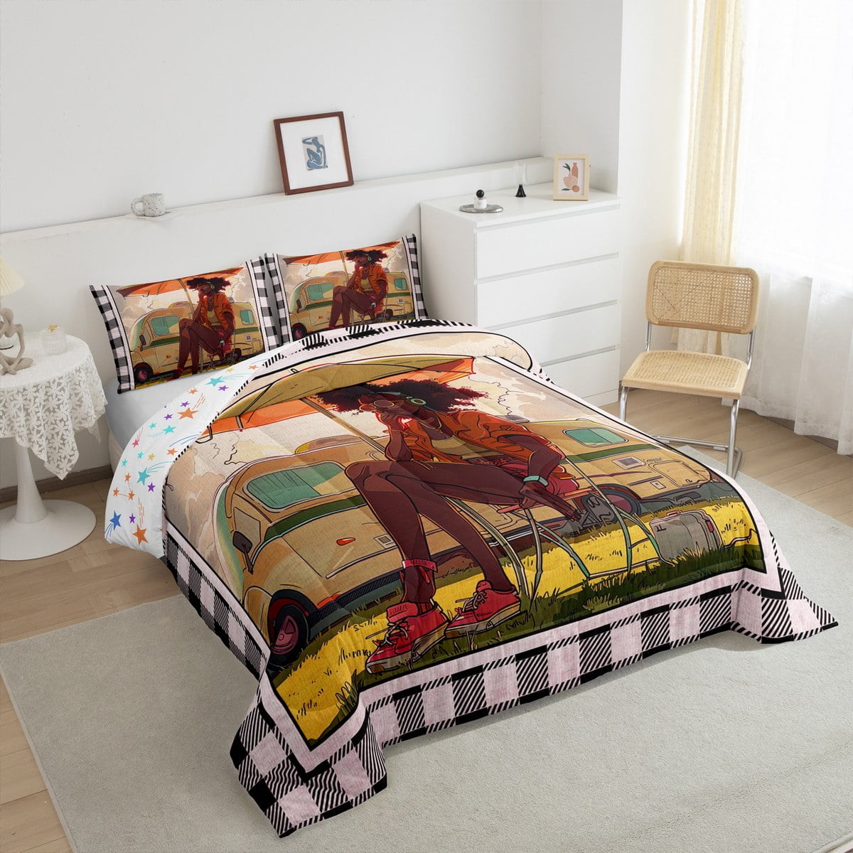 YST Happy Camping Comforter Set Full Black Women Girl Camping Car