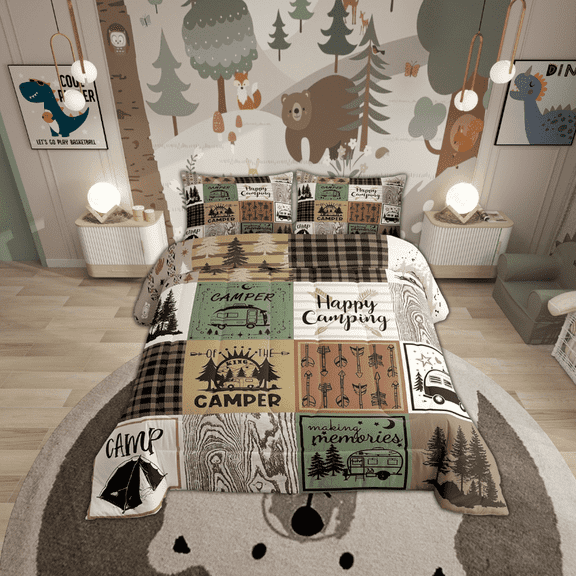 Erosebridal Happy Camping Comforter Set Rustic Cabin Camper Full Bedding Sets Rv Car Accessories For Travel Trailers Patchwork Buffalo Plaid Arrow Pine Trees Down Comforter Travel Adventure Quilt