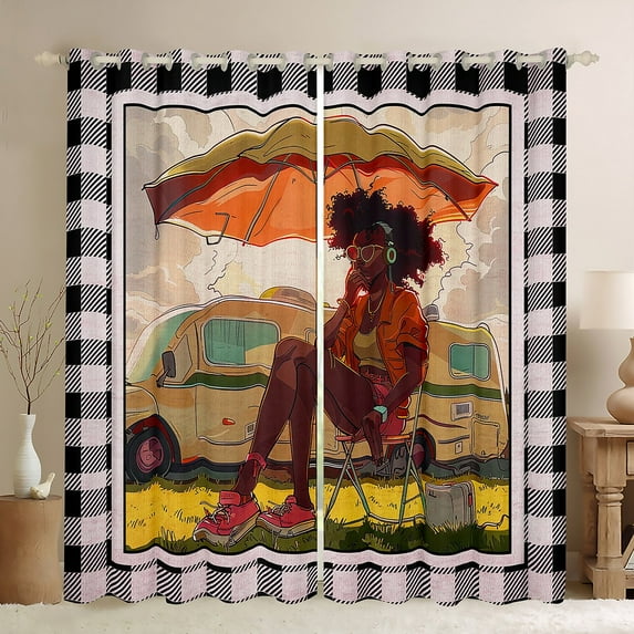Erosebridal Happy Camping Curtains 42"Wx90"L Black Women Camping Car Window Curtains Black And Pink Buffalo Plaid Curtains & Drapes Camping Decor For Camper Rv Bunk Window Treatments 2 Panels