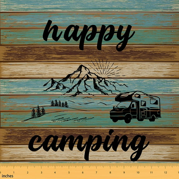 Happy Camping Fabric By The Yard Camper Upholstery Fabric Vintage Wooden Decorative Fabric Rustic Rv Car Indoor Outdoor Fabric For Quilting Sewing,Brown Black Waterproof 1 Yard