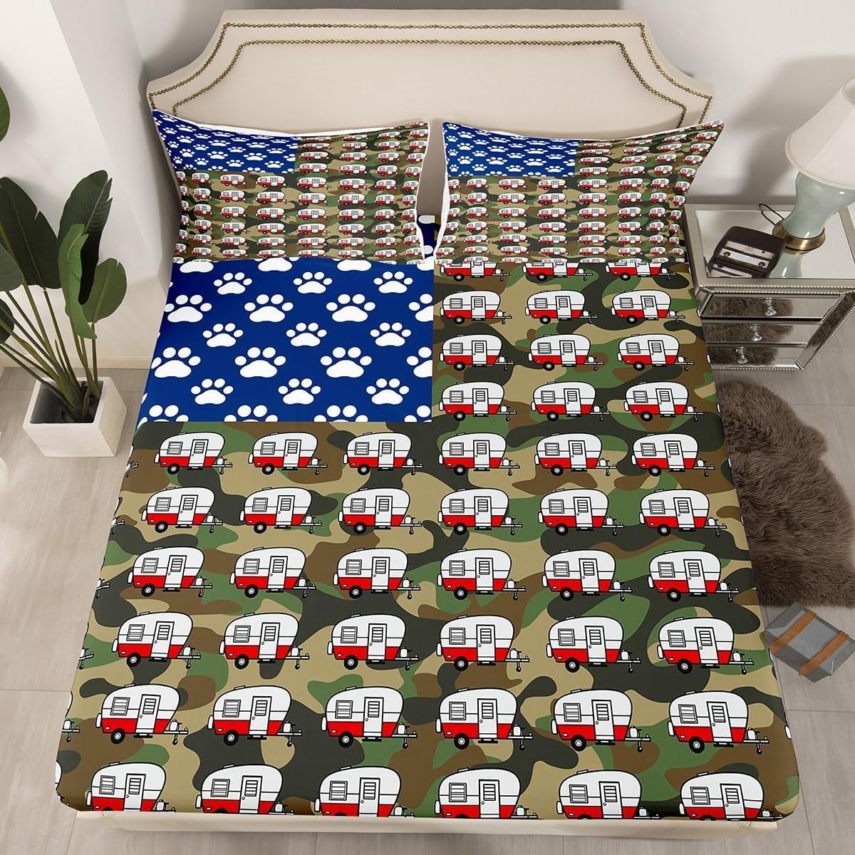 YST Happy Camping Fitted Sheet Full Size Military Army Green Camo Print