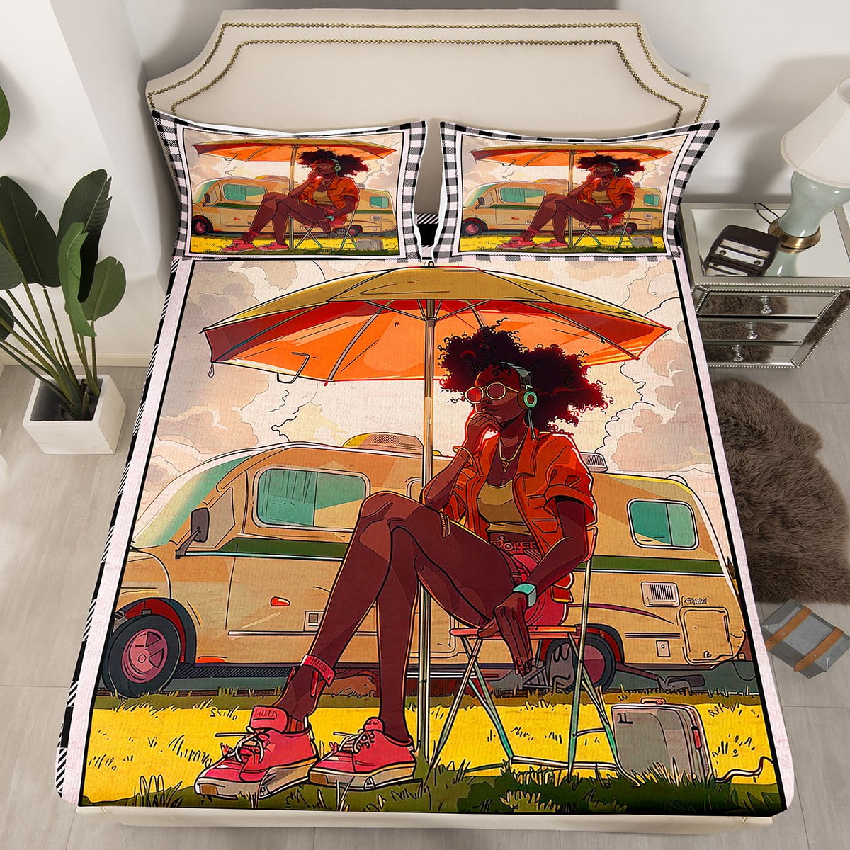 YST Happy Camping Fitted Sheet Queen Black Women Girl Camping Car Bedding Set Black And Pink