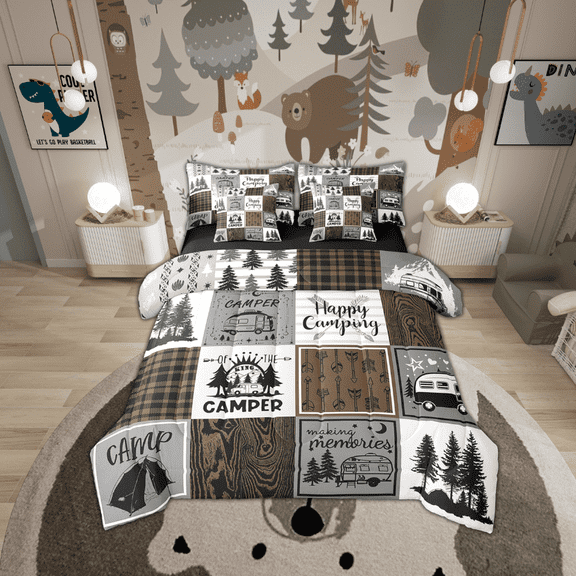 Happy Camping Queen Comforter Set 7 Piece,Rv Camper Bed In A Bag Adults Men,Camper Decor Bedding For Travel Trailers Bunk,Rustic Farmhouse Buffalo Plaid Bed Set Brown Grey