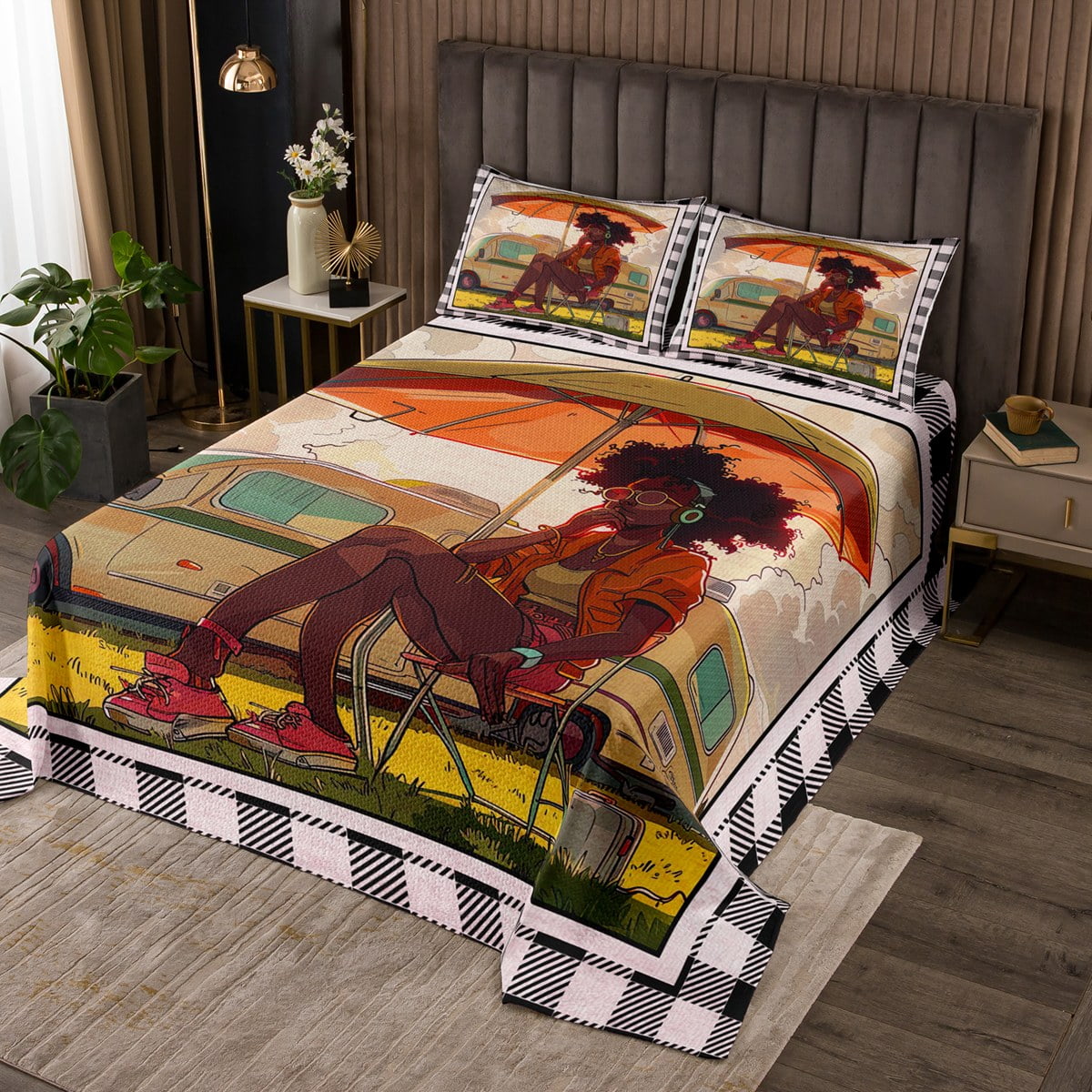 YST Happy Camping Quilt Set King Black Women Girl Camper Car Bedding