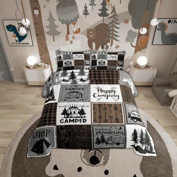 Erosebridal Happy Camping Twin Comforter Set,Rv Camper Bedding Set Adults Men,Camper Accessories Comforter For Travel Trailers Bunk,Rustic Farmhouse Buffalo Plaid Quilt Brown Black Grey