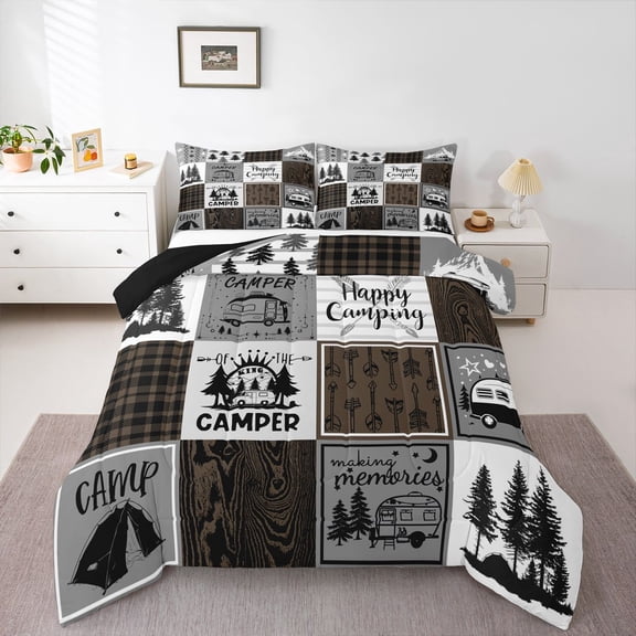 Erosebridal Happy Camping Twin Comforter Set,Rv Camper Bedding Set Adults Men,Camper Accessories Comforter For Travel Trailers Bunk,Rustic Farmhouse Buffalo Plaid Quilt Brown Black Grey