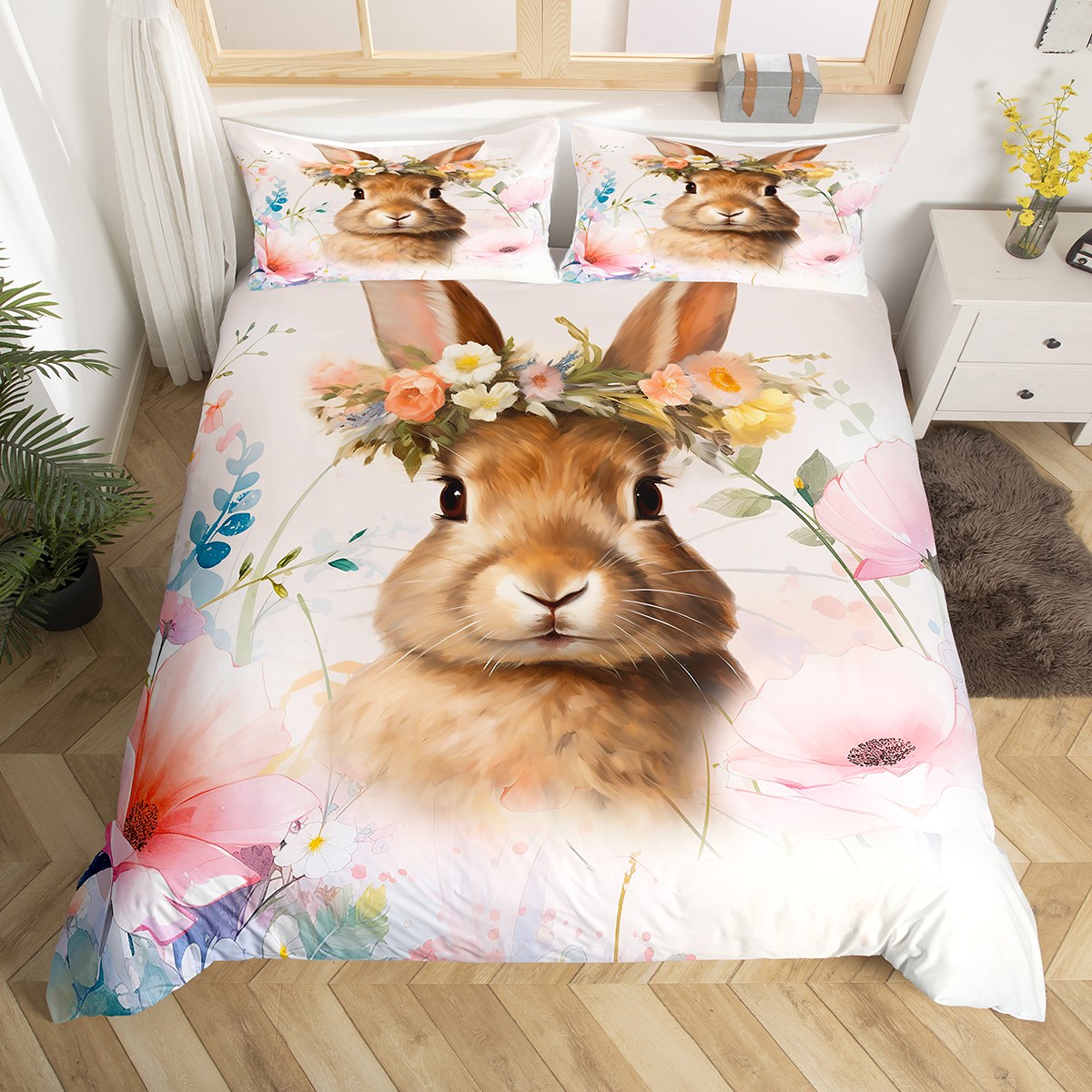 Easter Bunny Duvet Cover Set King Size, Photography of Cute White ...