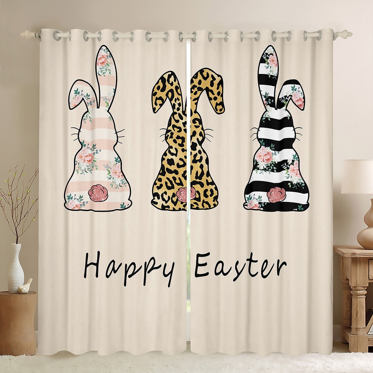 YST Happy Easter Curtains 42"Wx63"L 2 Panels, Leopard Print Bunnies ...
