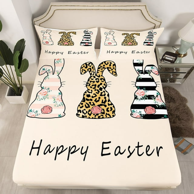 YST Happy Easter Fitted Sheet Twin Size, Leopard Print Bunnies Bedding