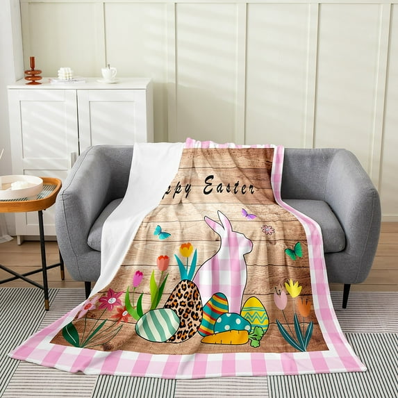 Happy Easter Throw Blanket 30x40,Easter Bunny Fuzzy Blanket,Rustic Pink and White Buffalo Plaid Fleece Blanket,Easter Eggs Sherpa Blanket,Easter Rabbit Pet Animals Plush Bed Blanket
