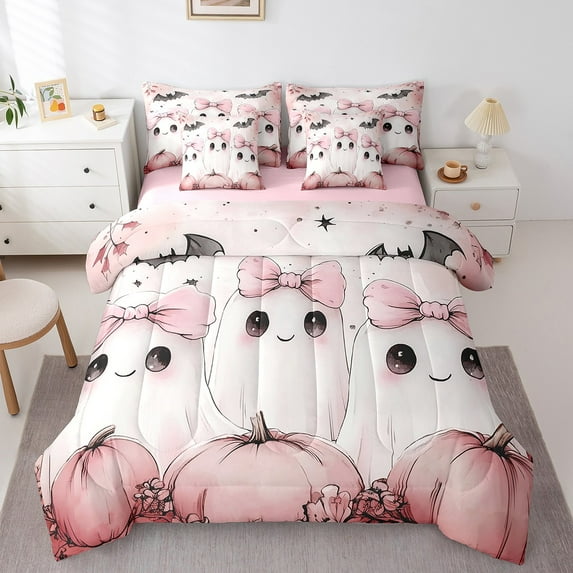 Happy Halloween Bedding Set Kawaii Ghost Sheet Set Bat Gothic Comforter 7 Pieces Bed In A Bagtwin Size With 2 Pillow Cases Pumpkin Cute Fitted Sheet,Pink