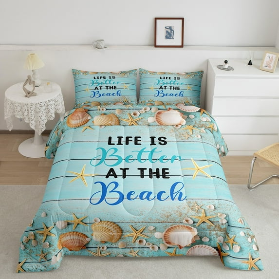 Hawaii Beach Bedding Full Starfish Seashell Comforter Set, Tropical Beach Theme Down Comforter Coastal Lodge Cabin Bedding Comforter Sets, Teal Blue Farmhouse Duvet Insert 3pcs