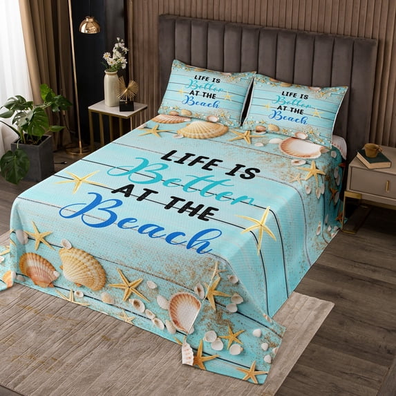 Hawaii Beach King Bedspread Set Starfish Seashell Quilt Set, Tropical Beach Theme Coverlet Set Coastal Lodge Cabin Bedding Set, Teal Blue Farmhouse Bed Cover 3pcs