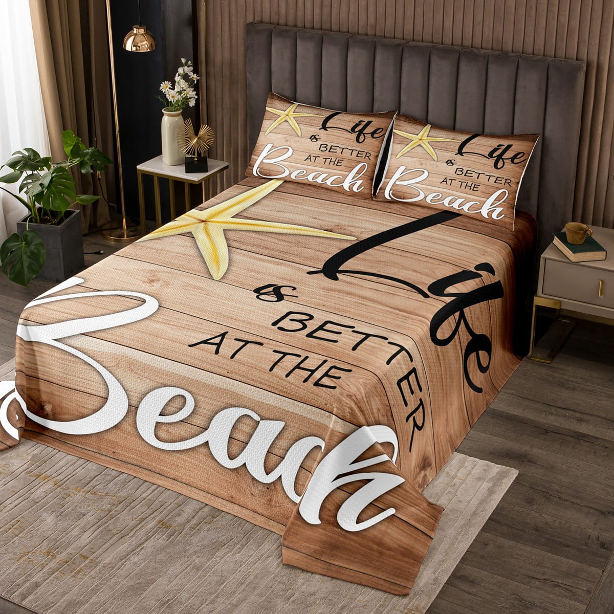 YST Hawaii Beach Themed Twin Quilt Set Tropical Sea Coverlet Set, Ocean Marine Bedding Set Brown