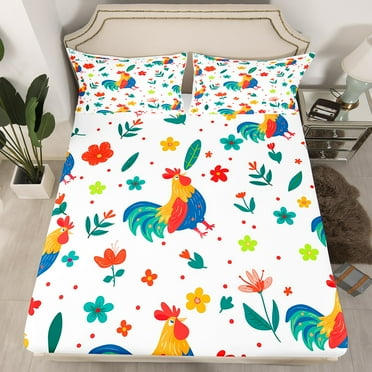 YST Hen Fitted Sheet Colorful Animal Bedding Set For Girls Kids Cute Flower Animal Bed Sheets Twin, Farmhouse Animal Bed Set Botanical Flower 3D Sheets (No Flat Sheet)