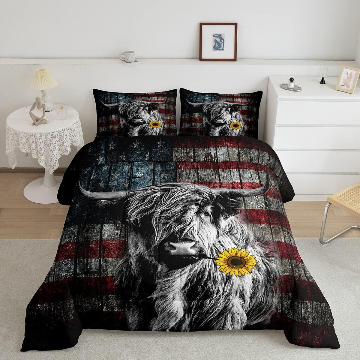 YST Highland Cattle Bedding Set Sunflower Highland Cow Comforter Set