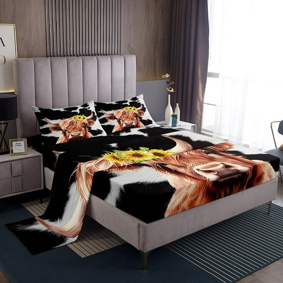 Erosebridal Highland Cattle Twin Bed Sheets Set,Cow Print Bedding,Brown Farmhouse Cow Animals Sheet Set,Black White Cowhide Bull Rustic Flat Fitted Sheet with Pocket