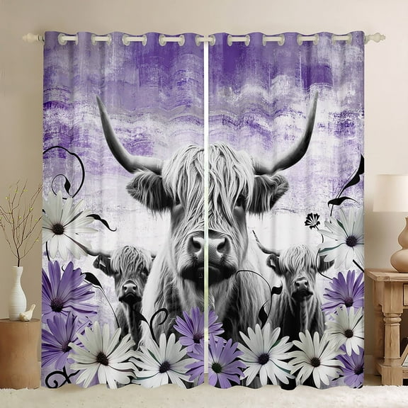 Highland Cow Curtains 30%-50% Blackout,Purple Western Farm Curtains & Drapes for Living Room,Longhorn Cattle Window Curtain Daisy Flowers Curtains Cowboys Gifts for Women Men
