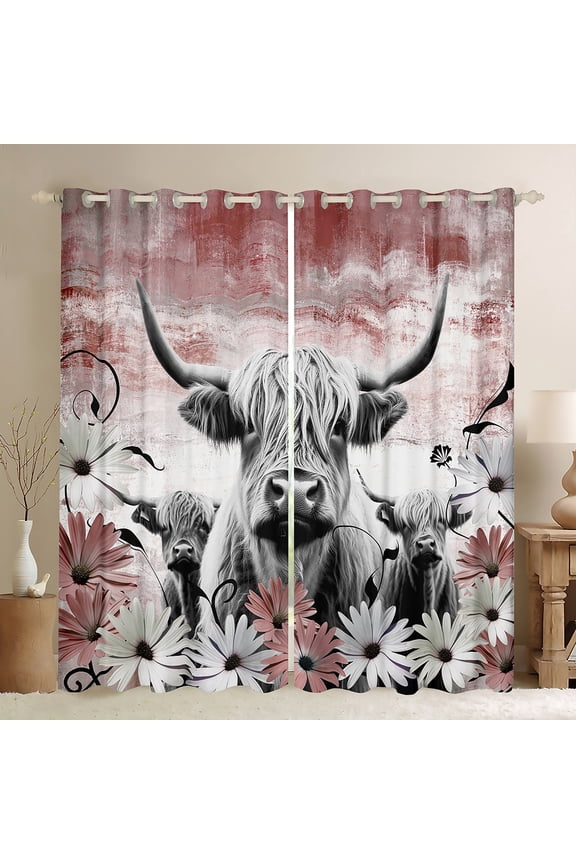 Highland Cow Curtains Blackout,Red Western Farmhouse Curtains & Drapes for Bedroom,Longhorn Cattle Window Curtain Daisy Flower Curtains Cowboys Gifts for Men Women
