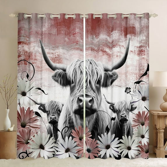 Highland Cow Curtains 30%-50% Blackout,Red Western Farmhouse Curtains & Drapes for Living Room,Longhorn Cattle Window Curtain Daisy Flower Curtains Cowboys Gifts for Men Women